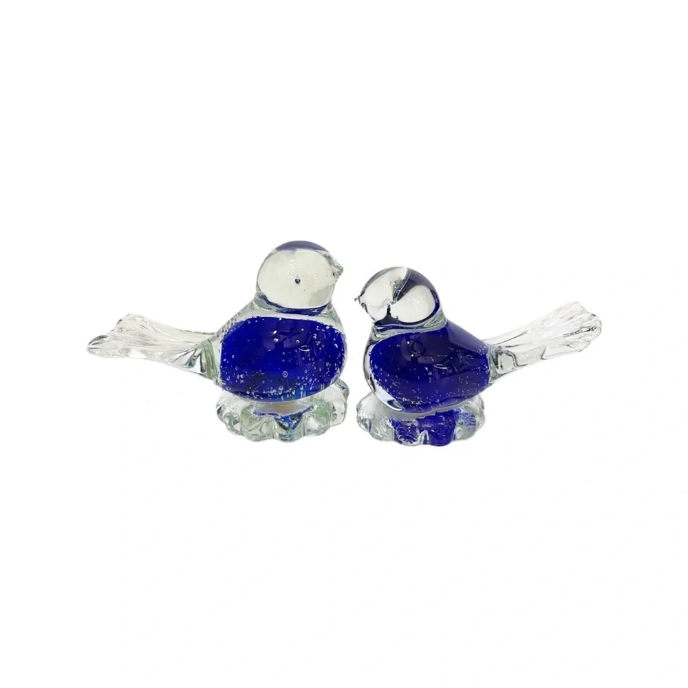 Vintage (2) small Snowflakes blue bird blown clear glass figurines.